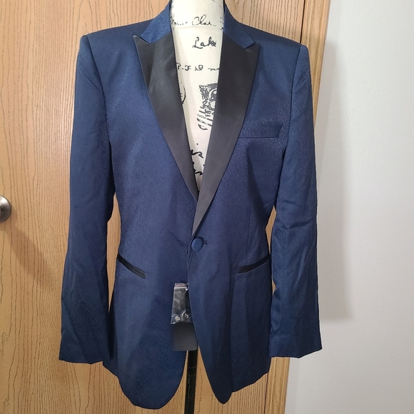 NWT Navy Blue Printed Textured Satin Lapel Tuxedo Jacket Blazer Suit Coat - Picture 1 of 3